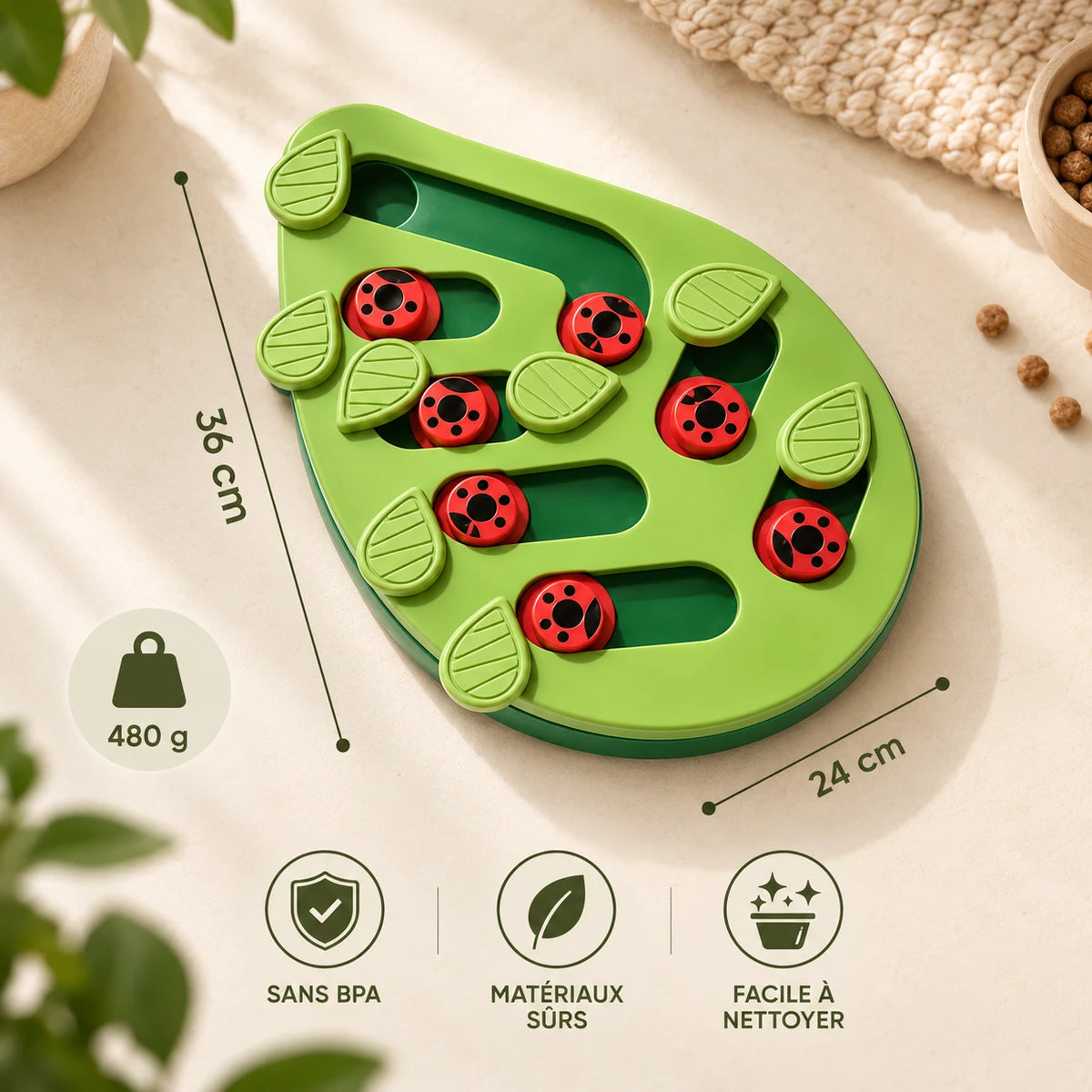 Infographie : dimensions du plateau, 36 cm sur 24 cm, poids 480 g, sans BPA