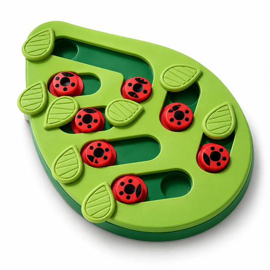 Plateau de jeu vert pour chat en forme de feuille, avec ses caches coccinelles et ses volets feuilles