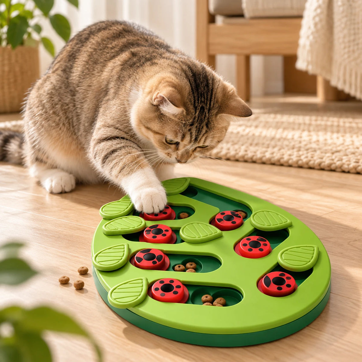Chat tigré posant la patte sur un cache du plateau de jeu pour attraper une croquette