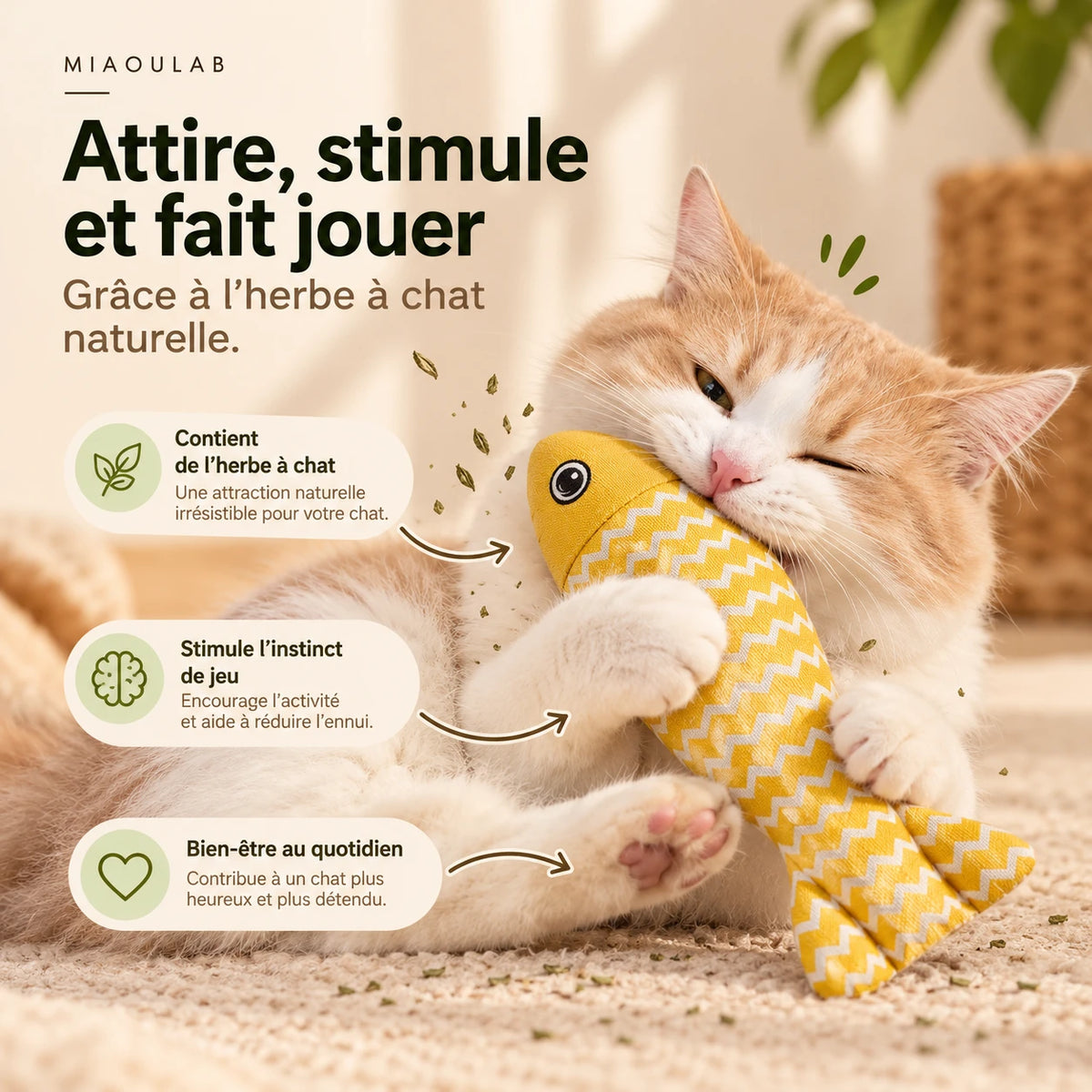 Le poisson contient de l'herbe à chat naturelle, qui stimule l'instinct de jeu