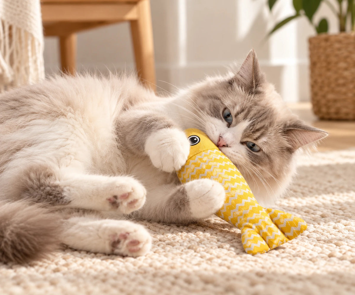 Chat allongé sur un tapis, le poisson jaune mordu et tenu entre les pattes avant