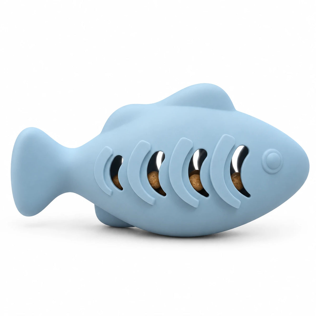 Jouet poisson bleu en silicone pour chat, avec des croquettes visibles dans les ouvertures
