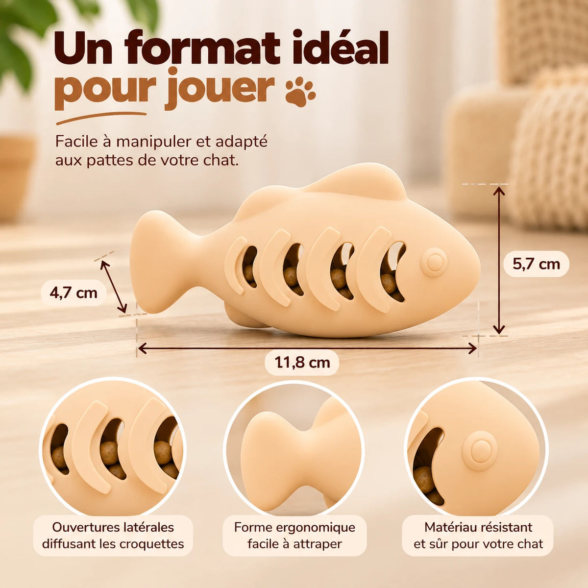Infographie : dimensions du jouet poisson, 11,8 sur 5,7 sur 4,7 cm, et détail des ouvertures