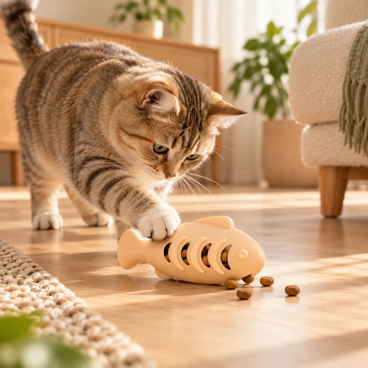 Chat tigré poussant le jouet poisson à la patte, des croquettes échappées sur le parquet