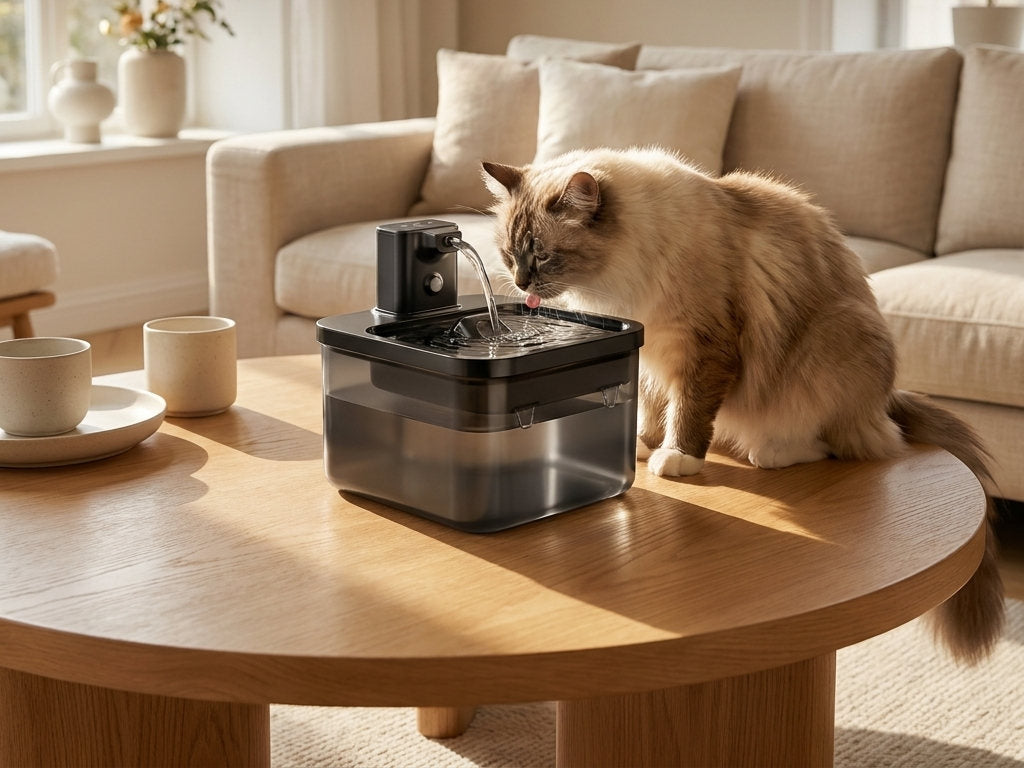 Chat beige buvant à la fontaine à eau MiaouLab en inox, posée sur une table basse ronde sans câble apparent