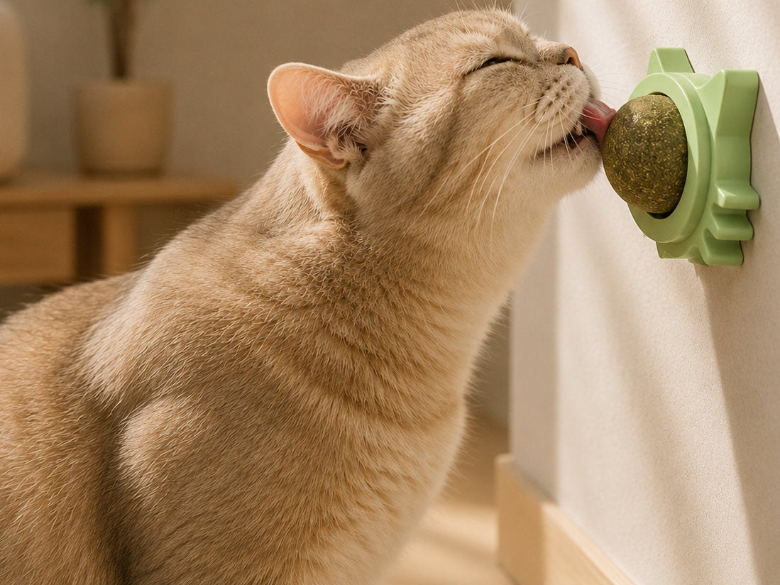 Chat beige léchant la boule d'herbe à chat murale MiaouLab fixée au mur