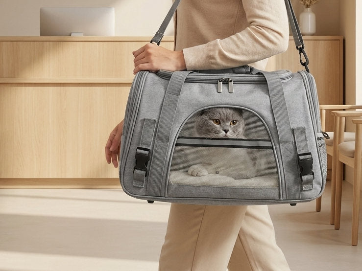 Personne portant le sac de transport MiaouLab en bandoulière, un chat gris visible à travers le mesh