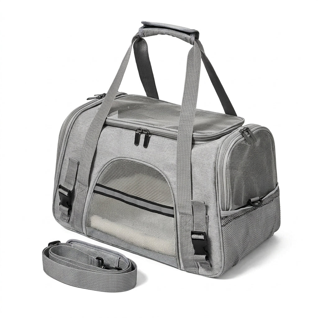 Sac de transport pour chat MiaouLab gris, panneaux en mesh sur les quatre côtés