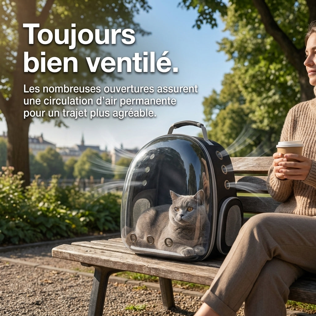 Sac à dos bulle posé sur un banc de parc, le chat regarde par le hublot