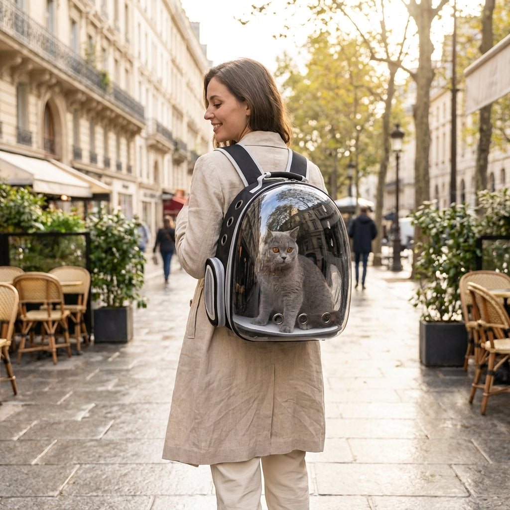 Personne portant le sac à dos bulle MiaouLab dans la rue, un chat visible à travers le hublot