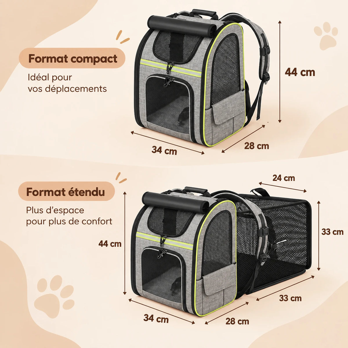 Schéma des deux formats du sac à dos, compact 34 x 28 x 44 cm et étendu avec extension de 33 cm