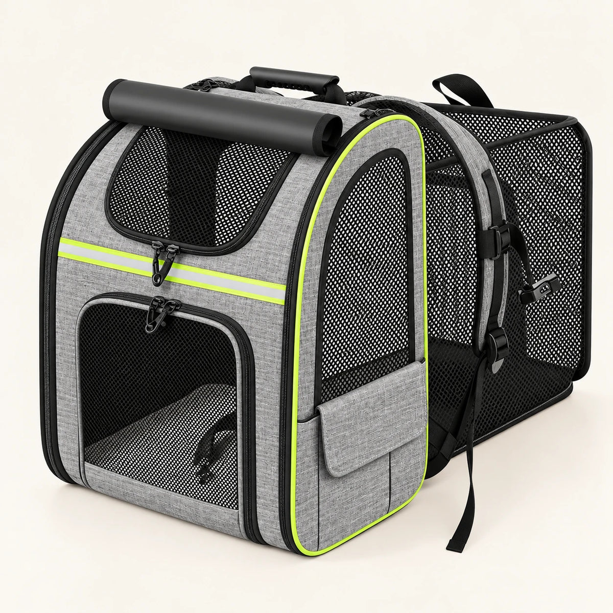 Sac à dos de transport pour chat gris à liseré vert fluo, extension latérale dépliée