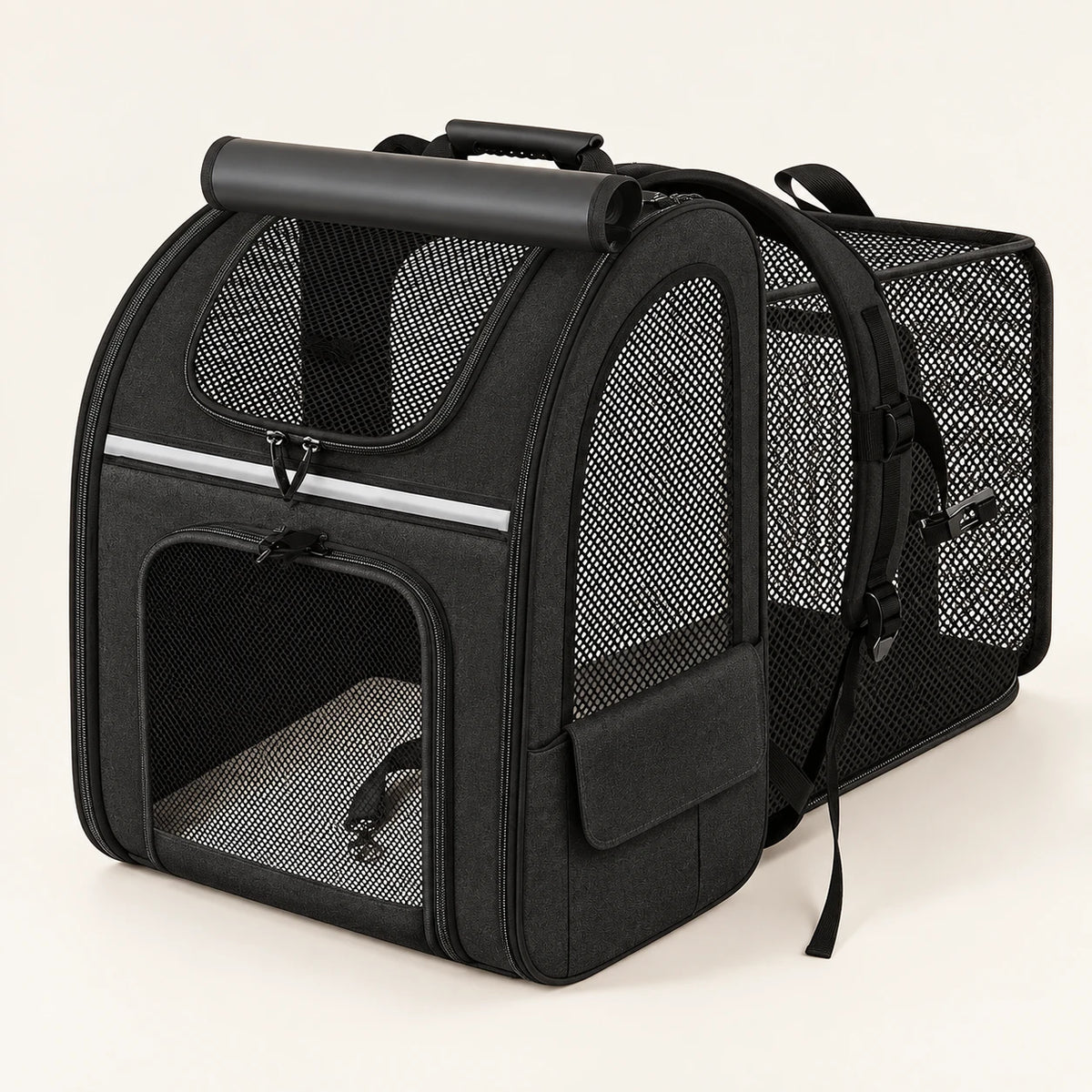 Sac à dos de transport pour chat noir, extension latérale en maille dépliée