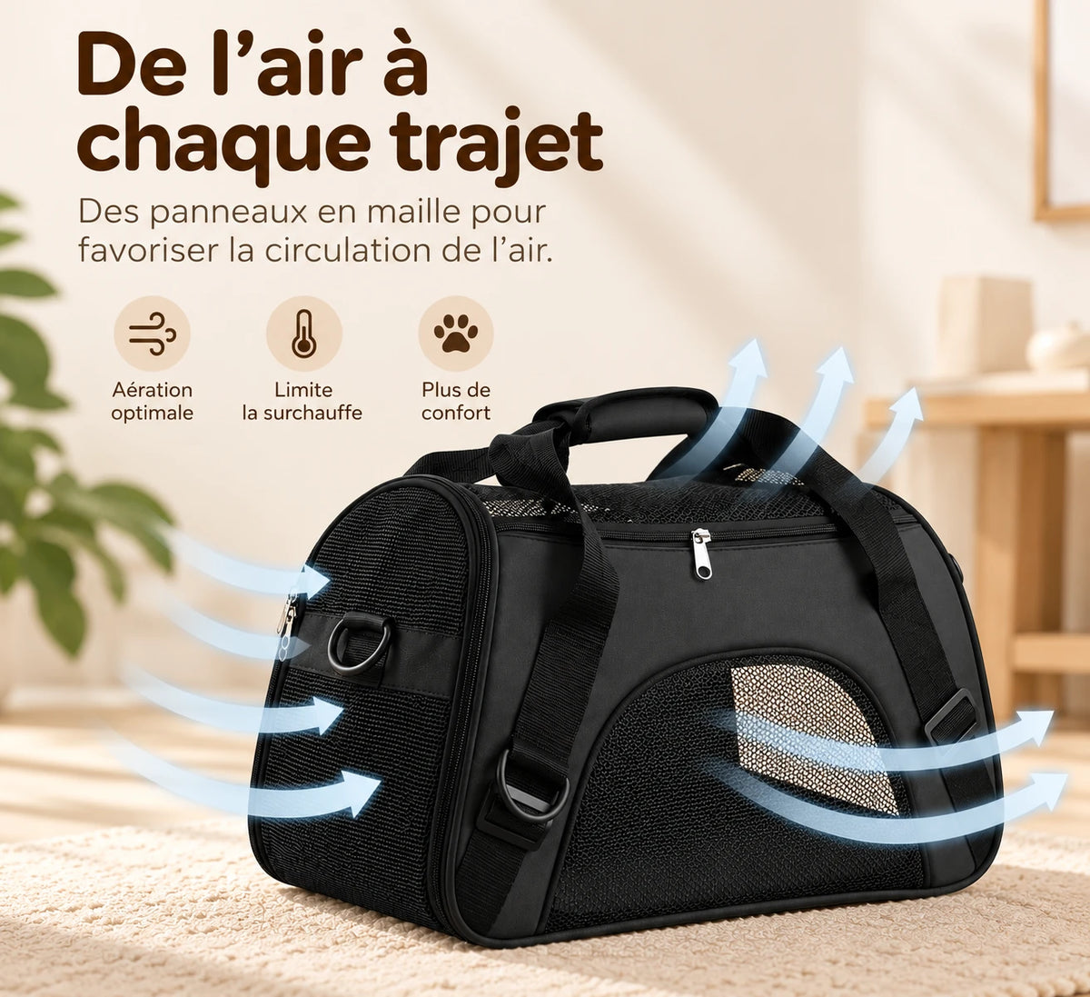 Les panneaux en maille du sac de transport, à l'avant, sur le dessus et sur les côtés