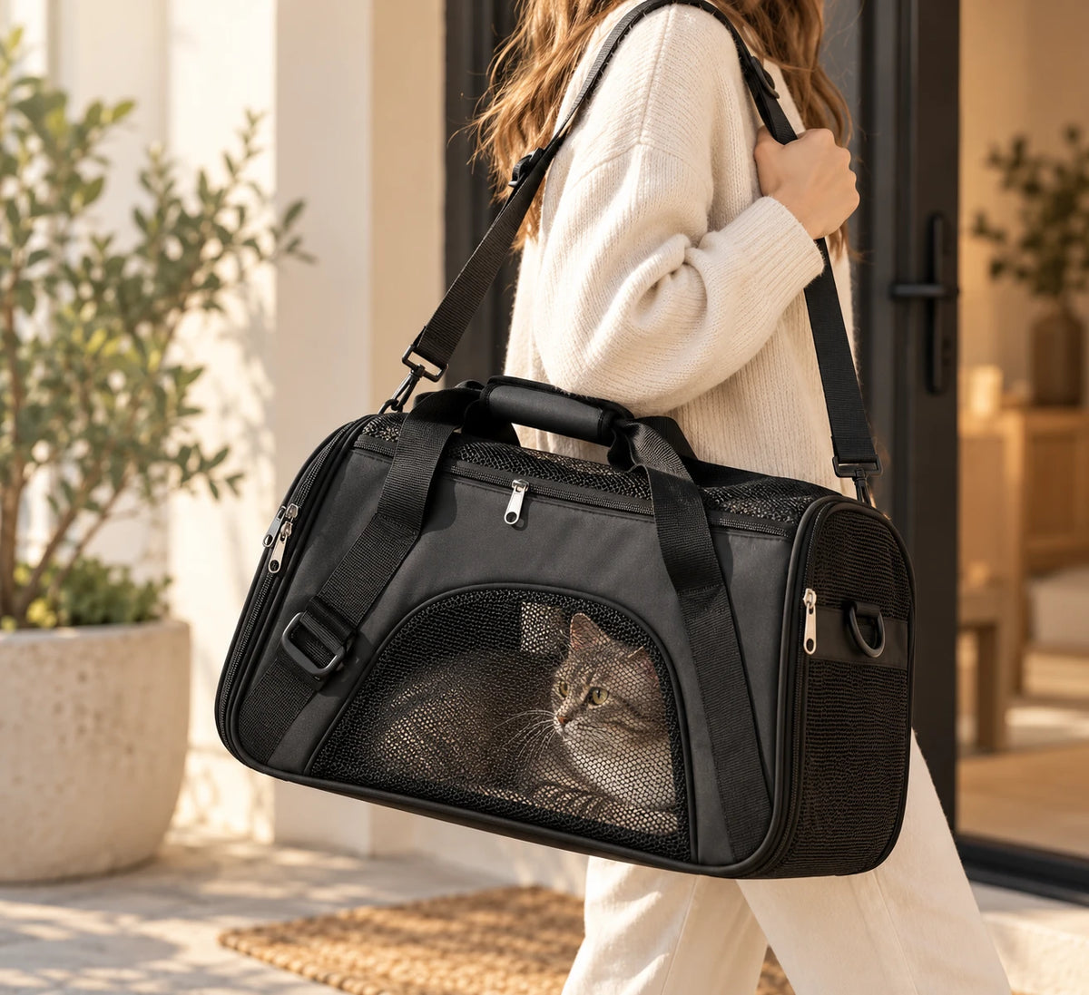 Le sac de transport porté en bandoulière, un chat installé derrière le panneau en maille