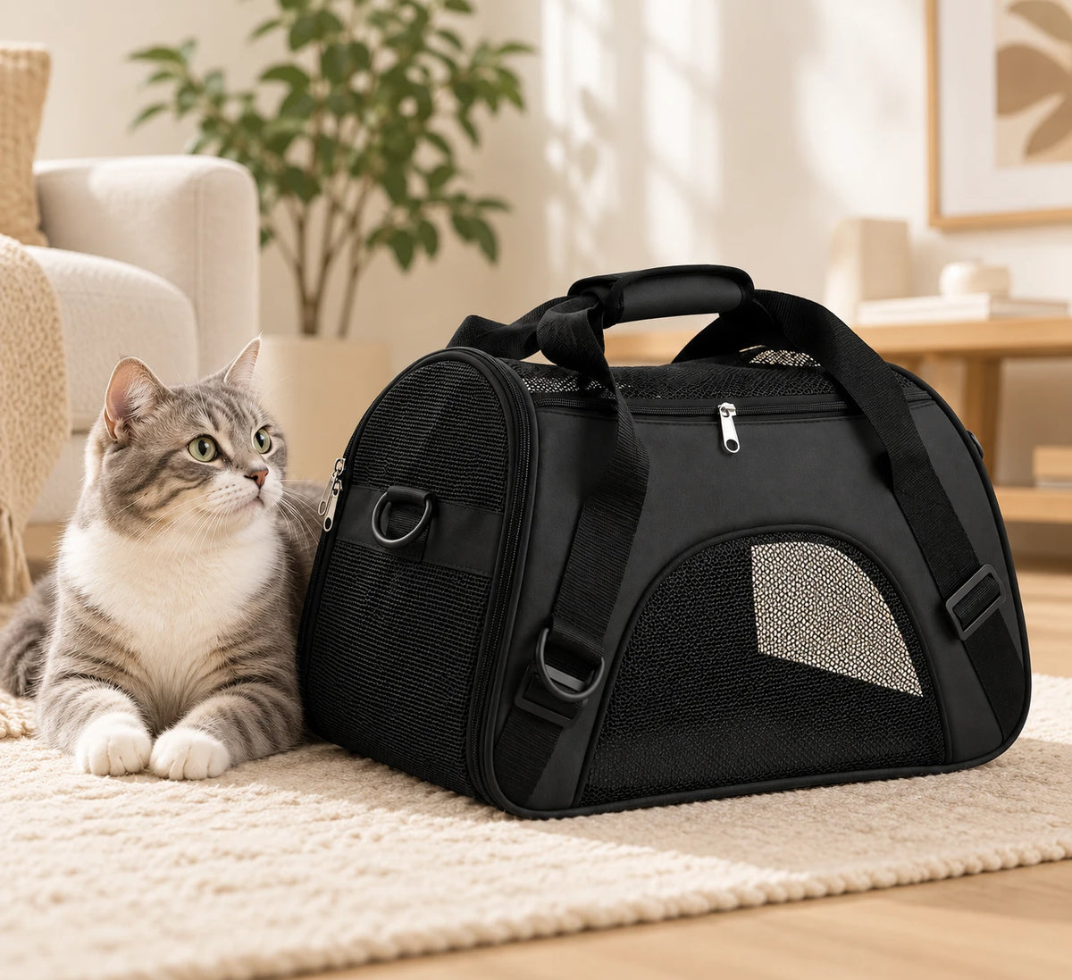 Chat gris tigré couché à côté du sac de transport posé sur un tapis