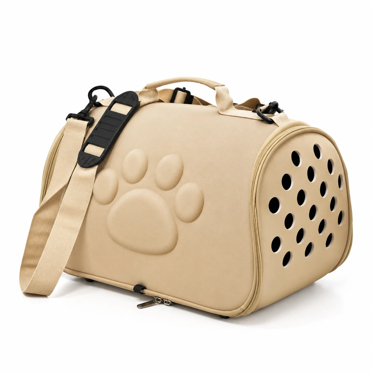 Sac de transport semi-rigide pour chat beige, vu de trois quarts