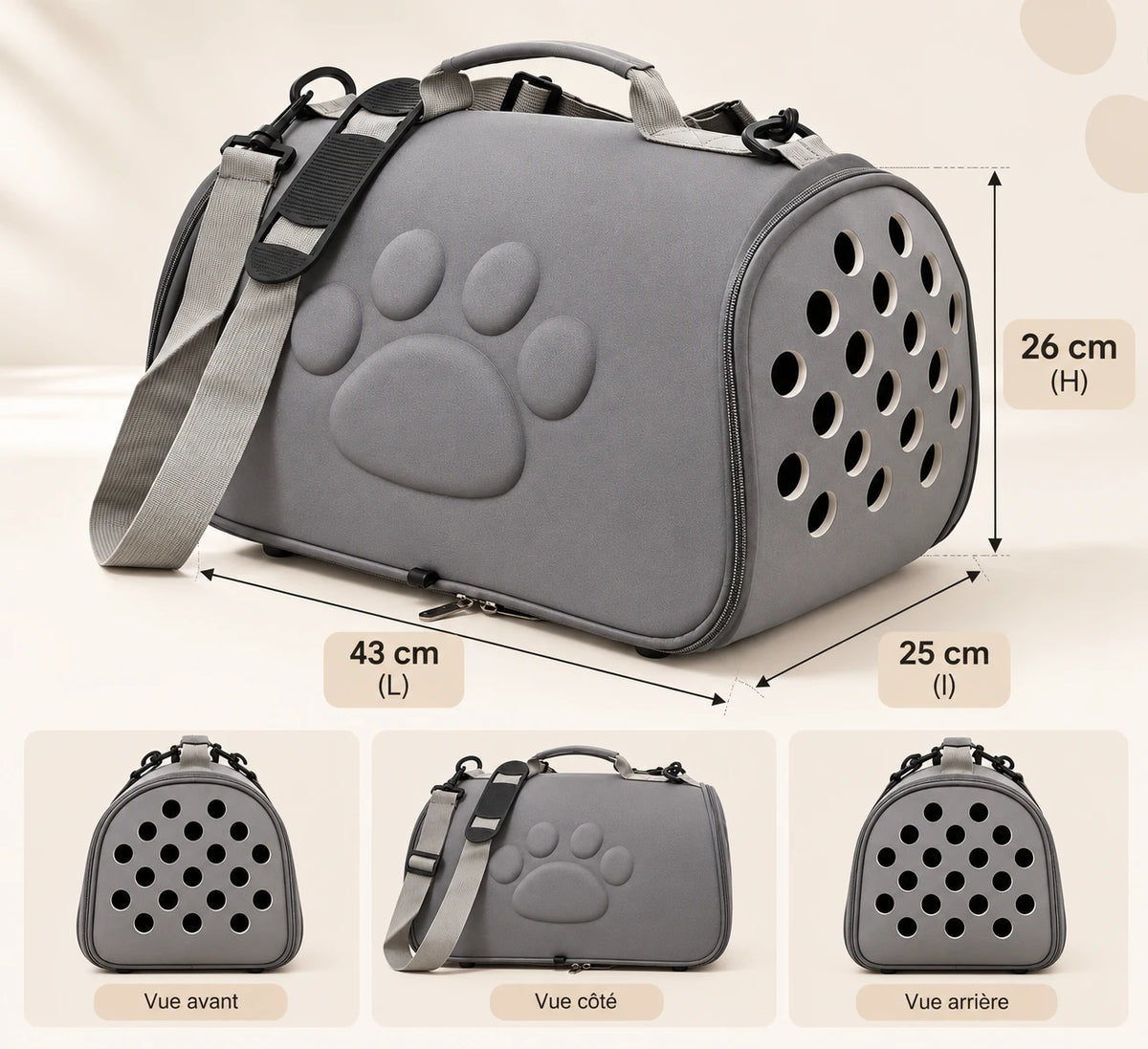 Schéma coté du sac de transport, 43 cm de long, 25 cm de large et 26 cm de haut, avec les vues avant, côté et arrière