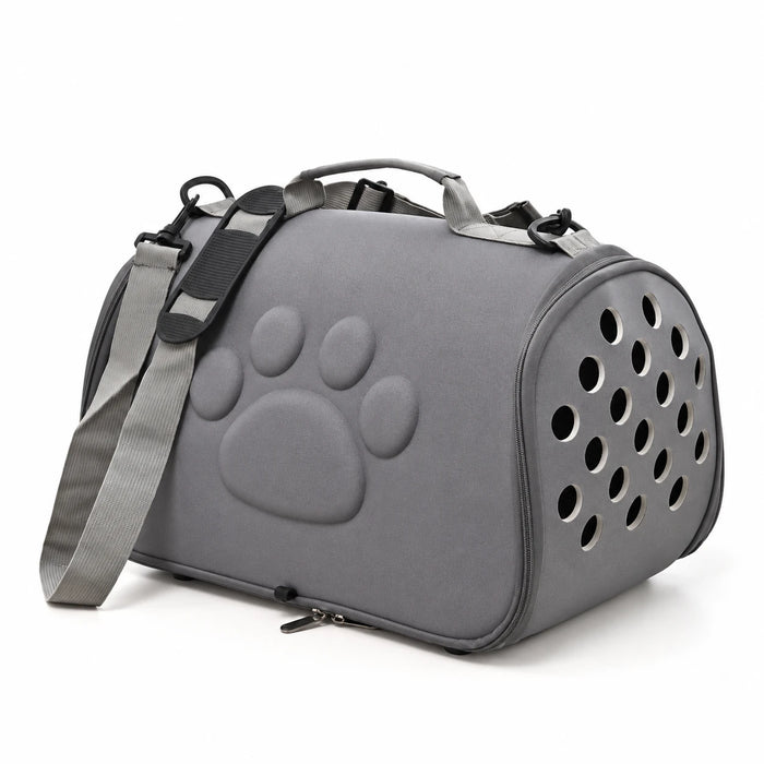 Sac de transport semi-rigide pour chat gris, empreinte de patte en relief et aérations rondes