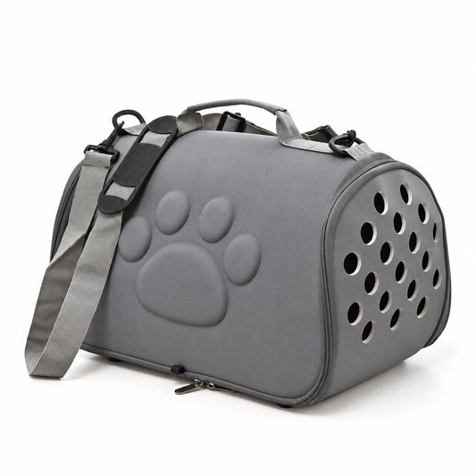 Sac de transport semi-rigide pour chat gris, empreinte de patte en relief et aérations rondes