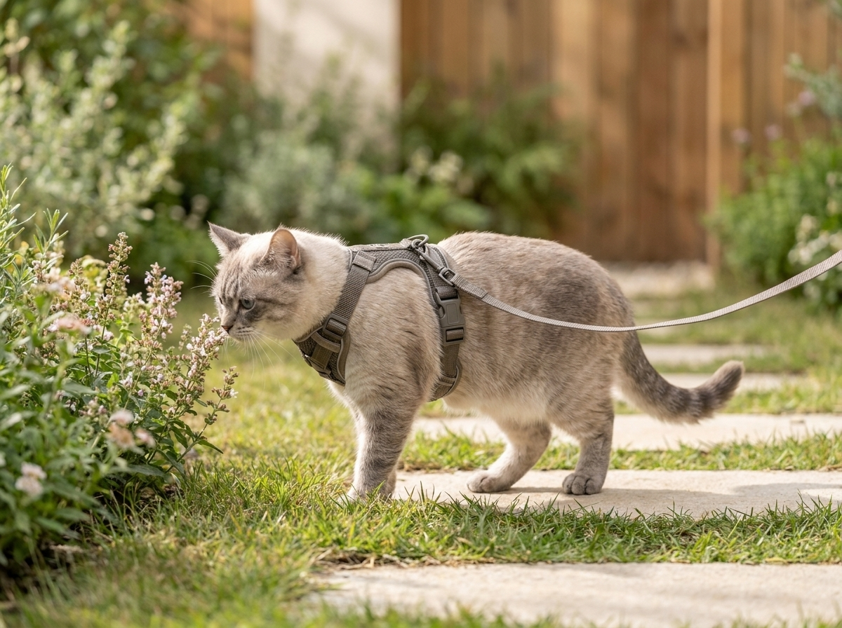 Un chat en harnais explore un jardin, tenu en laisse